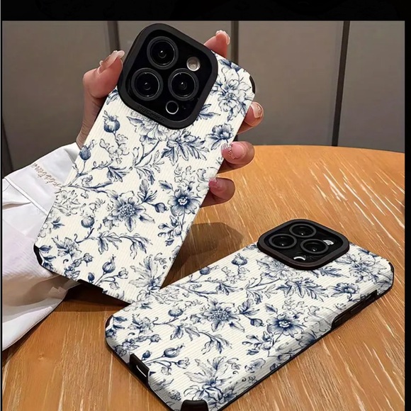 Apple iPhone Phone Case Vertical Stripes PU Leather Texture Blue Floral Patter - Picture 3 of 5